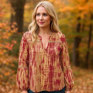 Tea, Please Red Beige‎ Tie Dye Blouse Peasant Bohemian Cottagecore Country L